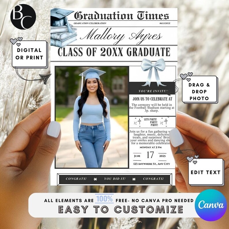 Graduation Party Invitation Template, Photo Light Blue Graduation ...