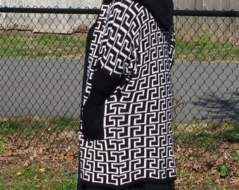 Black and White Geometric Hooded Cardigan