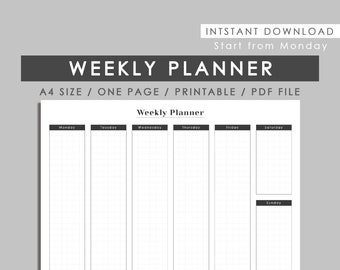 Weekly planner, Week start on Monday, A4 size, Instant download, Printable, PDF file, Weekly planner on one page - English