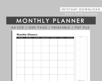 Monthly planner, Week start on Sunday, A4 size, Instant download, Printable, PDF file, Monthly planner on one page - English