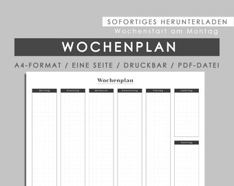 Wochenplan, Wochenstart am Montag, A4 Größe, Sofortiges herunterladen, Druckbar, PDF Datei, Wochenplan auf einer Seite - Deutsch