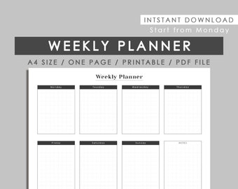 Weekly planner, Week start on Monday, A4 size, Instant download, Printable, PDF file, Weekly planner on one page - English