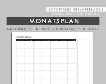 Monatsplan, Wochenstart am Montag, A4 Größe, Sofortiges herunterladen, Druckbar, PDF Datei, Monatsplan auf einer Seite - Deutsch