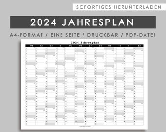 Plan annuel 2024, format A4, téléchargement instantané, imprimable, fichier PDF, plan annuel sur une page - allemand