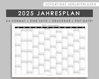 2025 Jahresplan, A4 Größe, Sofortiges herunterladen, Druckbar, PDF Datei, Jahresplan auf einer Seite - Deutsch