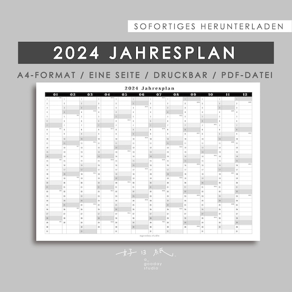 2024 Jahresplan, A4 Größe, Sofortiges herunterladen, Druckbar, PDF Datei, Jahresplan auf einer Seite - Deutsch