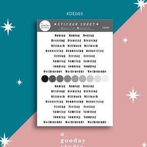 Könnte beinhalten: Ein Stickerbogen mit dem Text "STICKER SHEET" und den Wochentagen auf Deutsch. Der Bogen hat einen Farbverlauf von Grautönen und befindet sich vor einem türkis-rosa Hintergrund mit Sternillustrationen.