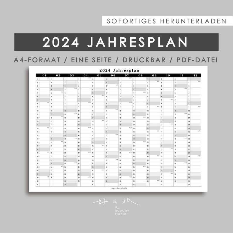 2024 Jahresplan, A4 Größe, Sofortiges herunterladen, Druckbar, PDF Datei, Jahresplan auf einer Seite Deutsch Bild 1