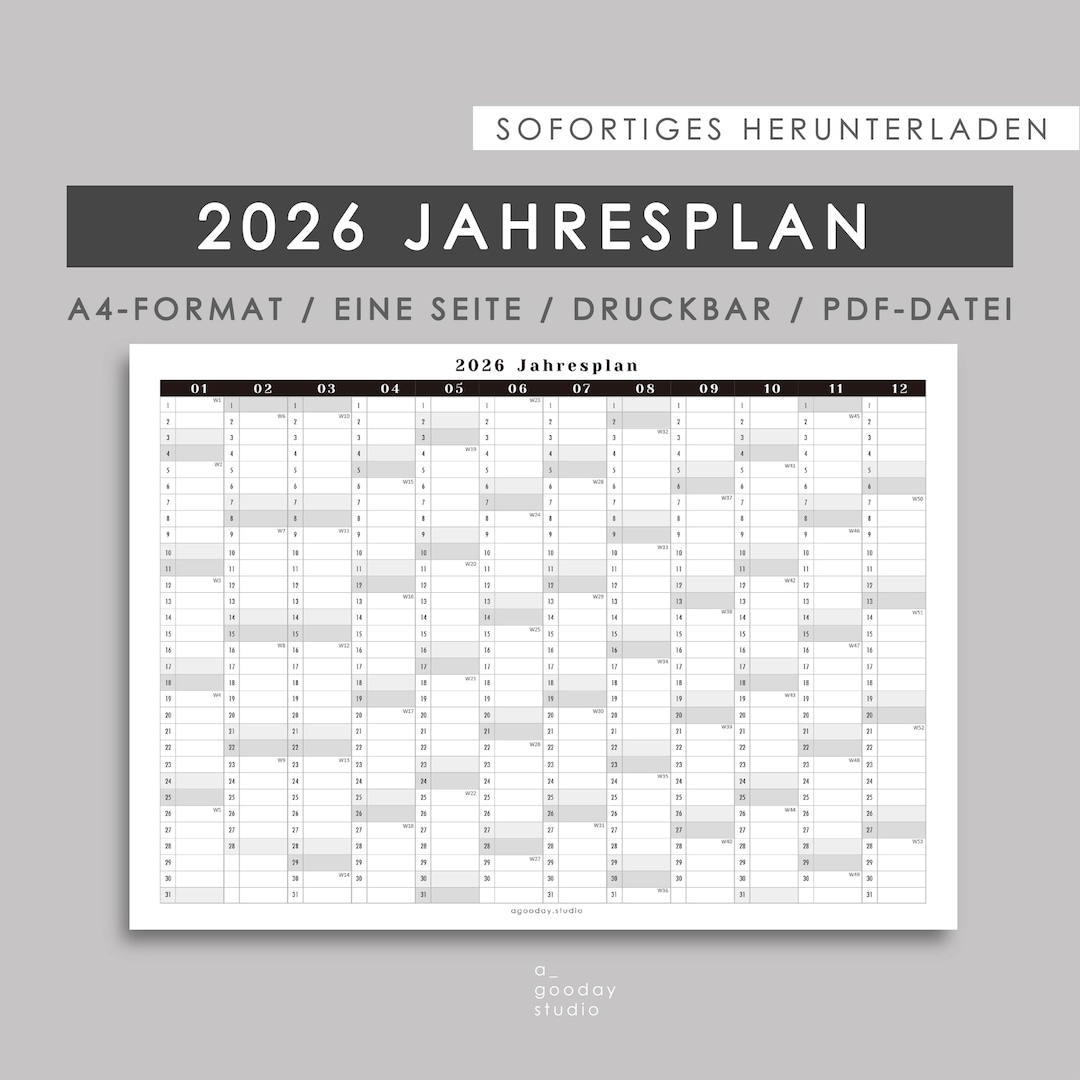 2026 Yearly Planner A4 | Printable One Page Calendar | PDF File