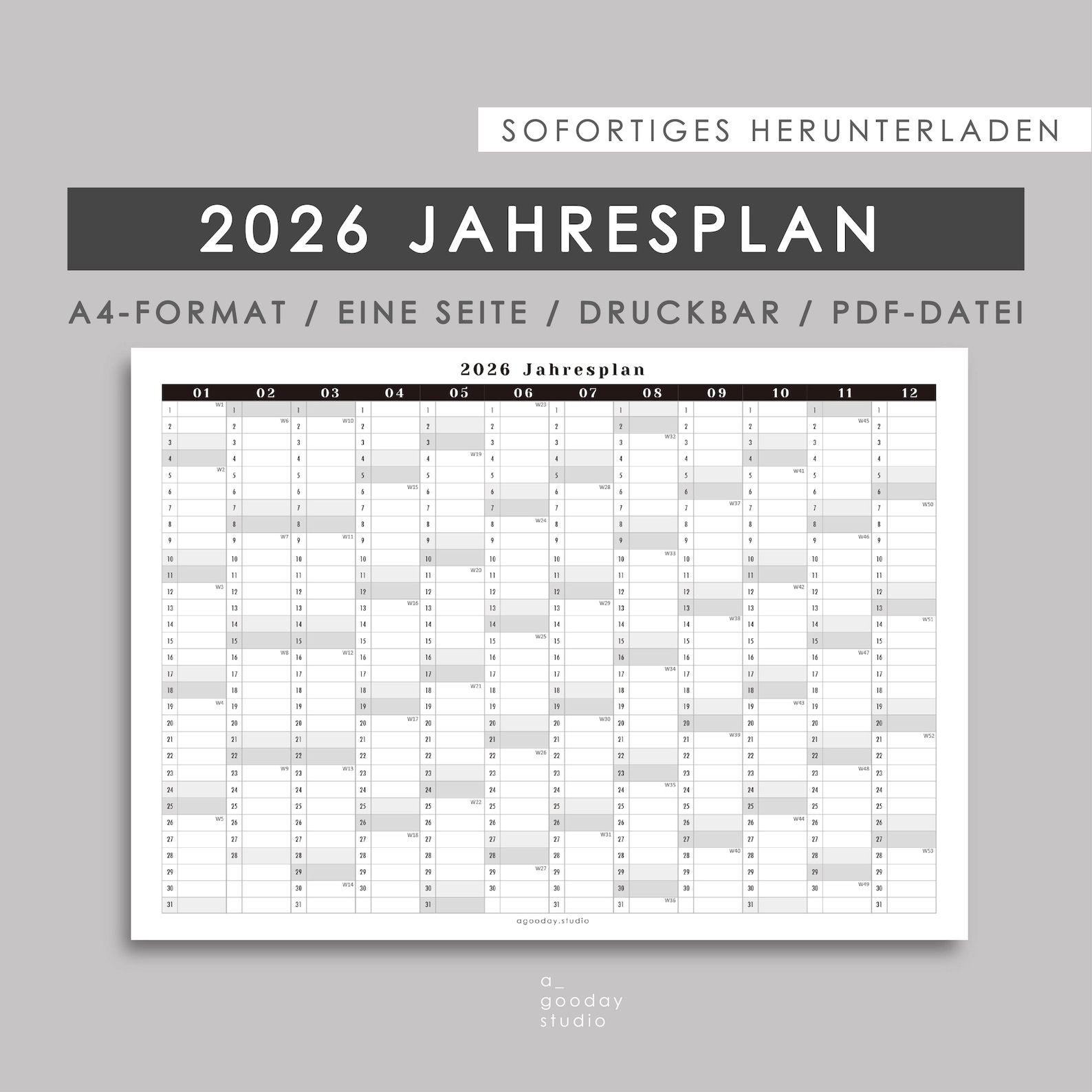 Jahresplaner 2026 A4 | Einseitiger Kalender zum Ausdrucken | PDF Datei