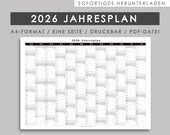 Jahresplaner 2026 A4 | Einseitiger Kalender zum Ausdrucken | PDF Datei | Sofortiger Download | Deutsche Version
