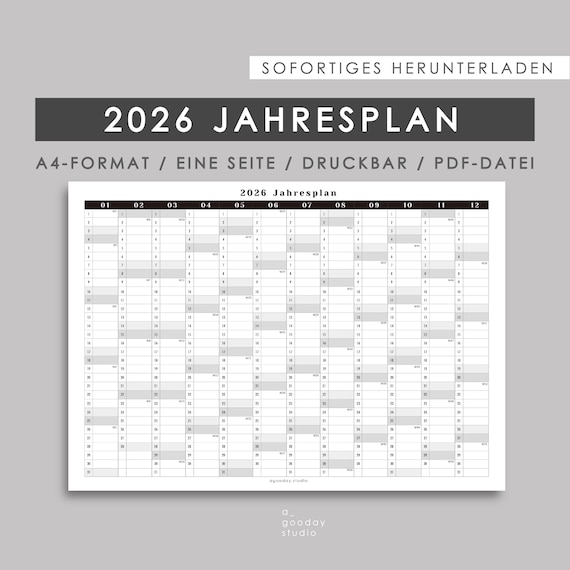 Jahresplaner 2026 A4 | Einseitiger Kalender zum Ausdrucken | PDF Datei | Sofortiger Download | Deutsche Version