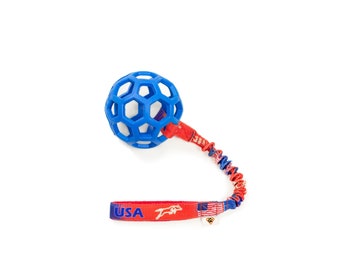 USA national colors tug toy - durable dog toy - dog ball with bungee handle