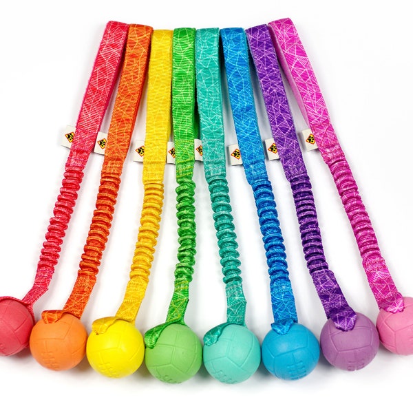 Basic tug toy with bungee handle and ball - Colorful toy for dogs - Durable rainbow dog toy