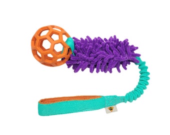 Hollee ball with MOP fabric - Durable dog toy with bungee handle - colorful toy for dogs - Strong tug toy