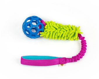 Hollee ball with MOP fabric - Durable dog toy with bungee handle - colorful toy for dogs - Strong tug toy