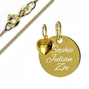 Engraving plate with heart-real gold/585(14 carat) with gold-plated silver chain-personal engraving