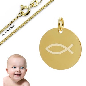 Baptism pendant, engraving plate Christian fish, real gold 585 (14 carat) on request with gold chain 585 (14K)