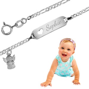 May include: A silver baby bracelet with a charm of an angel and a nameplate that says "Sophie".