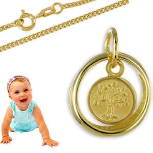 Baptismal ring with tree of life - 333 gold with gold-plated silver chain
