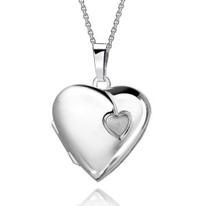 Heart locket pendant with matte small heart, 925 Sterling silver, engraving, Made in Germany