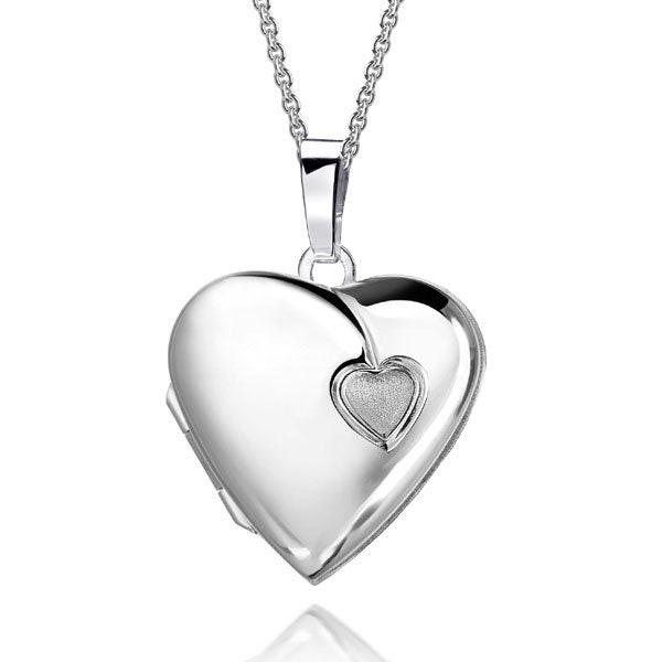 Medaillon Anhänger Herz mit mattiertem kleinem Herz, 925er Sterling Silber, Gravur, Made in Germany
