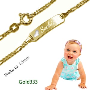 Bracciale per bambini Figaro con cuore punzonato, vero oro 333 (8 carati) - e incisione - Made in Germany