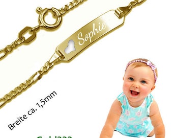 Baby Armband Figaro mit ausgestanztem Herz ,Echt Gold333(8 Karat) - & Gravur- Made in Germany