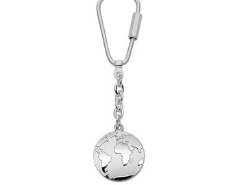 Porte-clés mappemonde - Argent sterling 925, y compris gravure - NOUVEAU