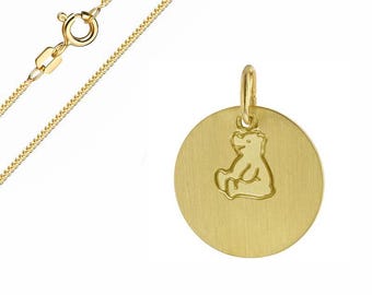 Children's engraved plaque with teddy bear, real 333 gold (8 karat) with gold-plated silver chain + personal engraving