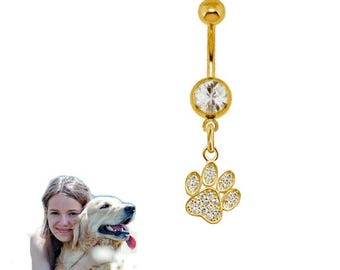 Belly button piercing with paw print, surgical steel & 925 sterling silver, new