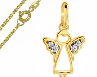 May include: A gold chain necklace with a small gold angel pendant with clear cubic zirconia stones.