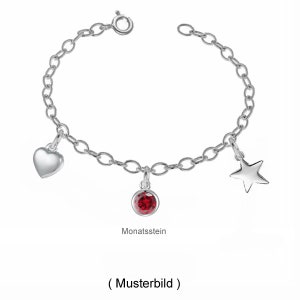 Könnte beinhalten: Silbernes Charm-Armband mit einem Herz-, Stern- und einem roten Edelstein-Anhänger. Der Edelstein-Anhänger ist mit "Monatsstein" (deutsch für "Geburtsstein") beschriftet.