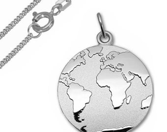 Pendentif monde, carte du monde -argent 925- avec gravure personnelle et chaîne- NOUVEAU