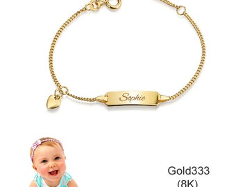 Baby name bracelet with heart pendant - Real Gold 333 (8 carat) - Free engraving - German production