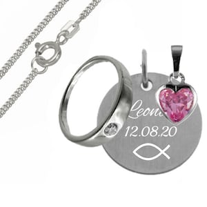 Baptismal necklace with baptismal ring+Christian fish+heart pendant silver925- tank chain+engraving