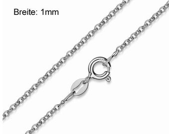 Fine, delicate round anchor chain, 1 mm wide, 925 sterling silver, rhodium-plated, Made in Germany