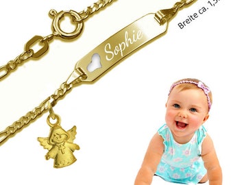 Baby Armband Figaro mit ausgestanztem Herz und Schutzengel ,Echt Gelbgold/333(8 Karat) - & Gravur- Made in Germany