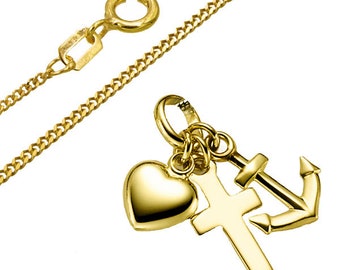 Geloof, liefde, hoop hanger, echt goud 333 (8 karaat) met verzilverde ketting