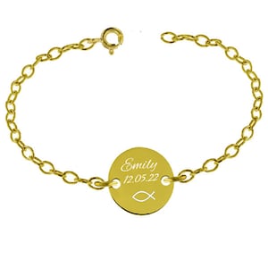 Stable baby baptism bracelet with Christian fish, 3 mm wide, real gold 333 (8K) - including engraving