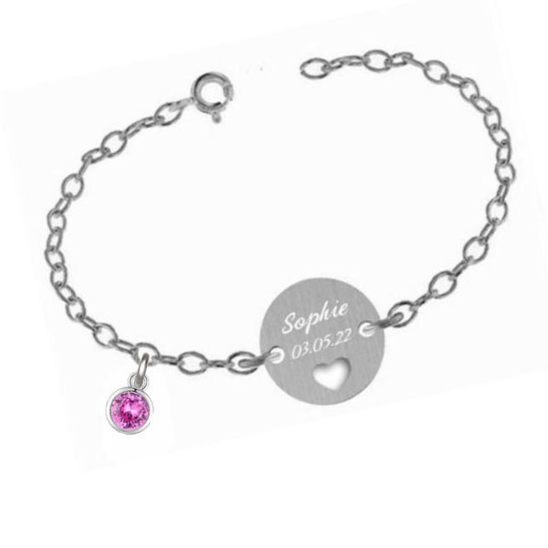 Christening Bracelet Punched Out Heart With Birthstone month Etsy