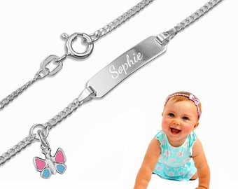 Baby name bracelet, tank design with butterfly - 925 sterling silver - incl. personal engraving