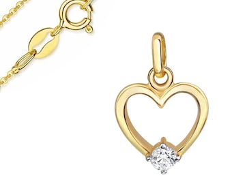 May include: A gold-colored necklace with a heart-shaped pendant. The pendant features a clear, round gemstone at its center. The necklace chain and clasp are also gold-colored, creating a cohesive and elegant design.