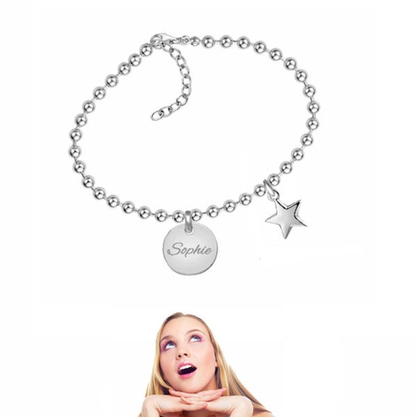 Bracelet femme, bracelet boule avec plaque de gravure et étoile - 4 mm de large-argent 925-personnel. gravure