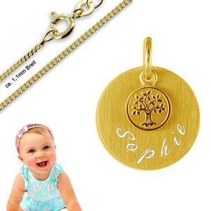 Baptismal necklace, children&#39;s necklace, engraving plate with tree of life, real gold 333(8 K)- personal engraving