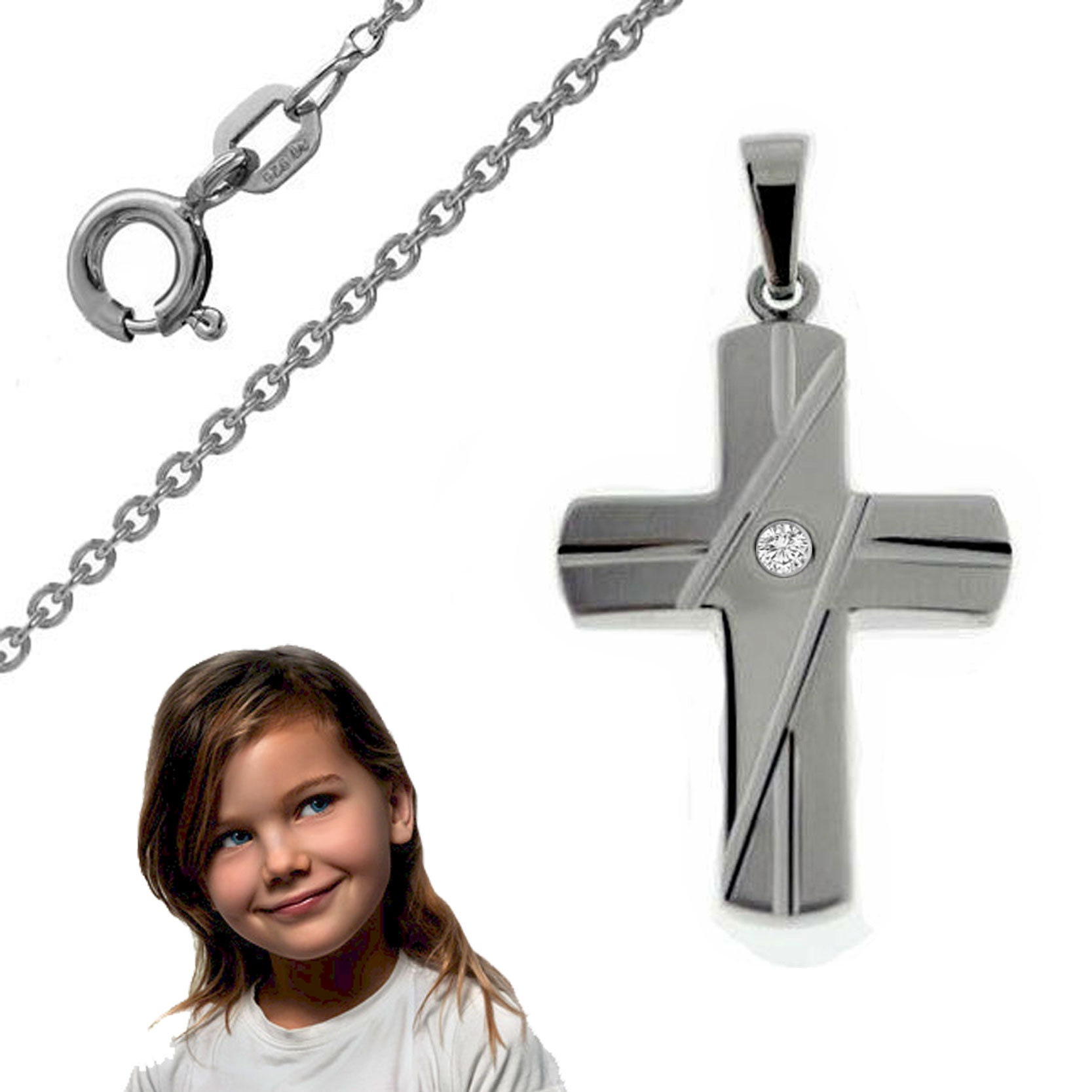 Kreuzanhänger Silber Zirkonia Kreuz Anhänger Aus 925er Silber Mit Kette - Für Taufe, Kommunion Oder Konfirmation Kette Konfirmation Junge