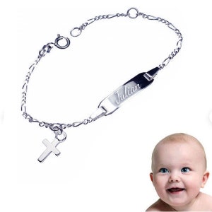 Baby Tauf Armband Figaro mit Kreuz, 925er Sterling Silber, Gravur Bild 1