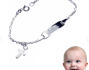 Baby Tauf Armband Figaro mit Kreuz, 925er Sterling Silber, Gravur