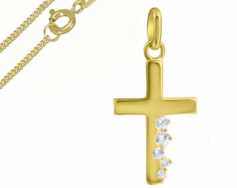 Cross pendant with cubic zirconia stones, real gold/333(8K) with gold-plated silver chain