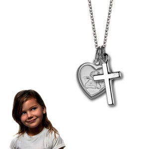 Children&#39;s necklace, baptismal necklace, guardian angel heart with cross, silver 925 - personal engraving